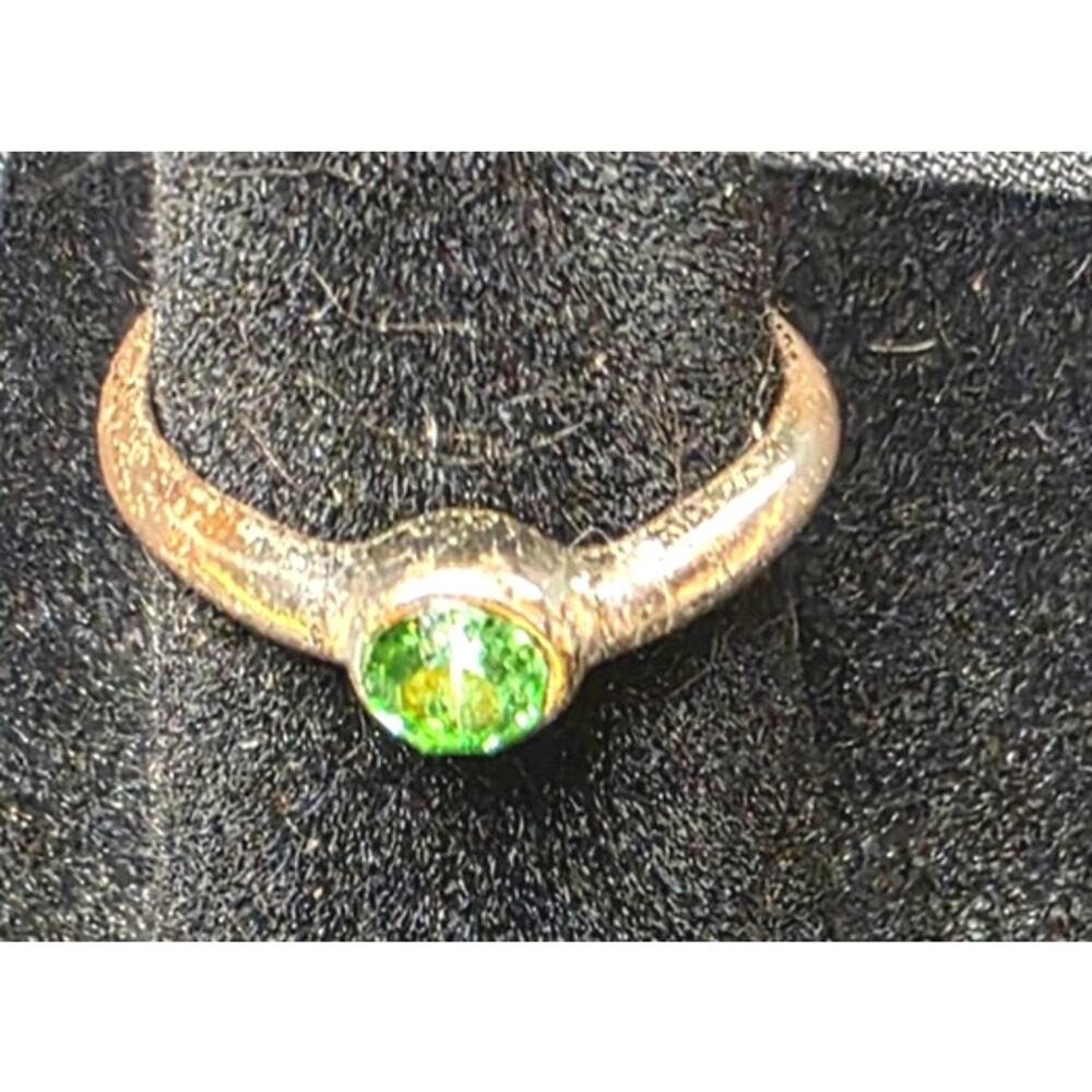 Silver Tone Green Crystal Ring Adjustable Open Band Minimalist